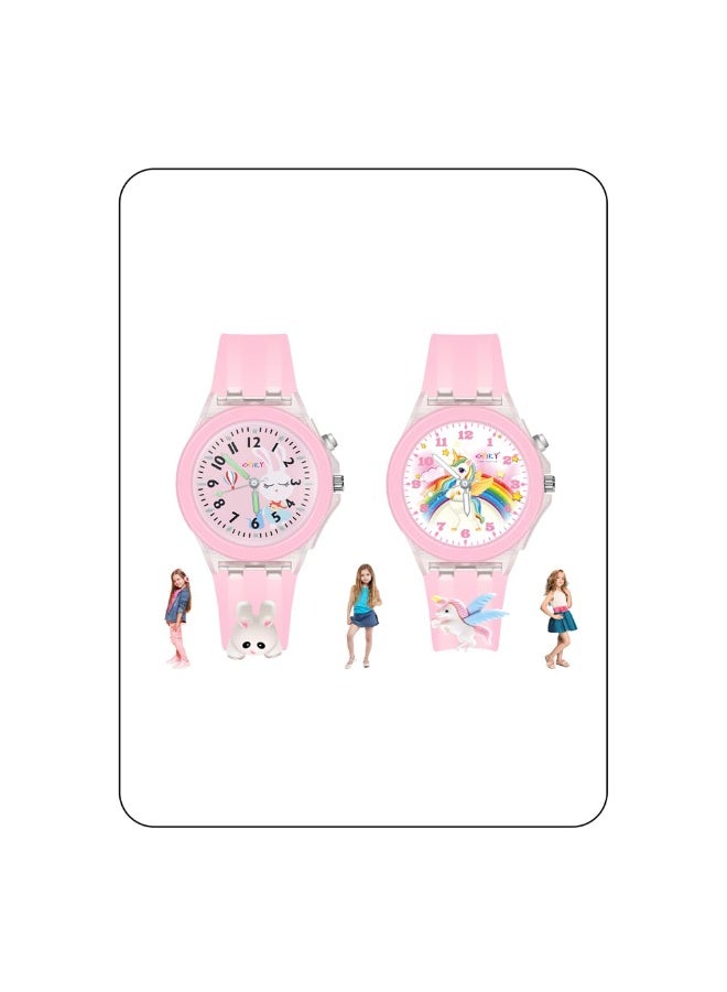 Spiky Analog Watch For Kids Combo (Pink) | 3D Cartoon | 7 Multicolor LED Luminous Disco Lights With Silicone Strap | Stylish Birthday Gift | Analogue Wrist Watches For Girls & Boys | Age 3-10 Yrs | Combo Pack of 2